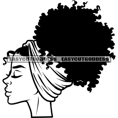 African American Woman Side Face Curly Haired Shirt Afro Woman With A puff Design Element Black And White Artwork Silhouette Woman Close Eyes SVG JPG PNG Vector Clipart Cricut Silhouette Cut Cutting