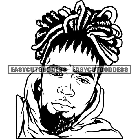 Dreadlock Hoodie Black And White Bearded Man Locus Hairstyle Artwork Design Element SVG JPG PNG Vector Clipart Cricut Silhouette Cut Cutting