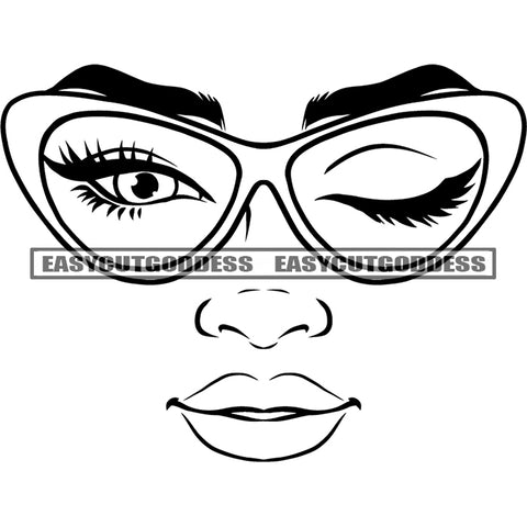 Black And White Eyebrows Artwork Design Element Wearing Sunglasses One Eye Open And One Eye Close Woman Face Frame Glasses Style SVG JPG PNG Vector Clipart Cricut Silhouette Cut Cutting