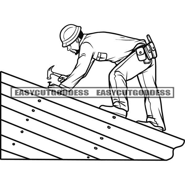 Roofer Man On Roof Commercial Roofing Buy Hammer Jumpsuit Roofer Silhouette Black And White Artwork Design Element Holding Hammer Wearing Helmet BW SVG JPG PNG Vector Clipart Cricut Silhouette Cut Cutting