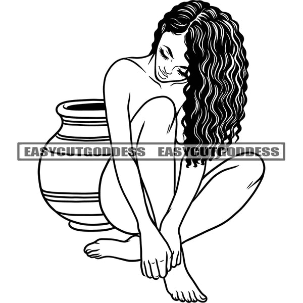 African American Woman Sitting Pose Sensual Woman Curly Long Hairstyle Undress Pot On Side Black And White Design Element BW SVG JPG PNG Vector Clipart Cricut Silhouette Cut Cutting