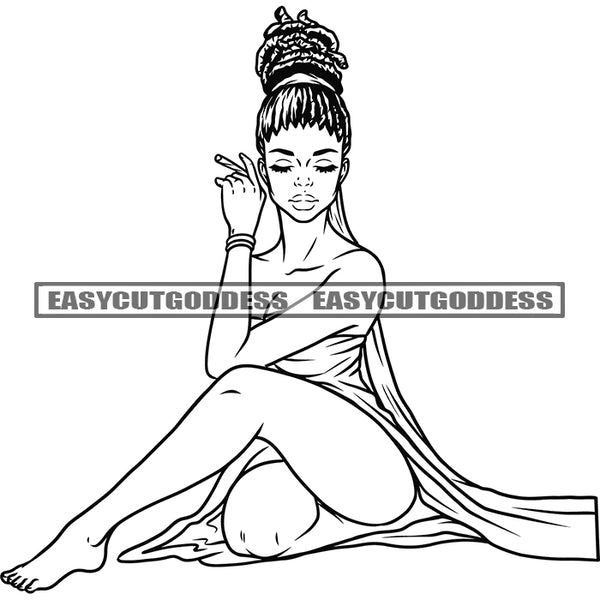 Black And White Artwork Afro Woman Smoking Marijuana Weed Leaf Wearing Sexy Dress African American Woman Sitting Pose Design Element Afro Hairstyle BW SVG JPG PNG Vector Clipart Cricut Silhouette Cut Cutting