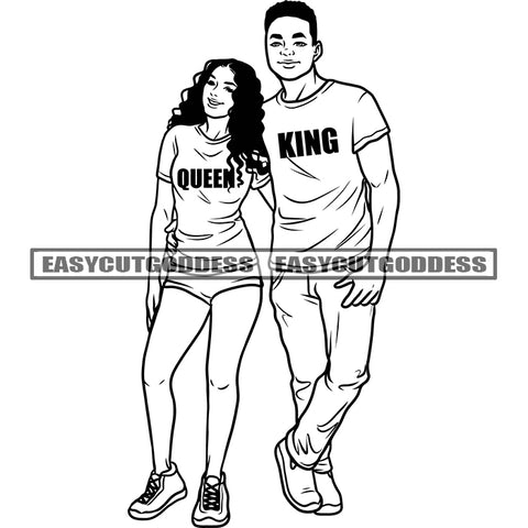 Queen King Quote African American Couple Standing Afro Hairstyle Black And White Artwork Design Element Vector Wearing Sexy Dress SVG JPG PNG Vector Clipart Cricut Silhouette Cut Cutting