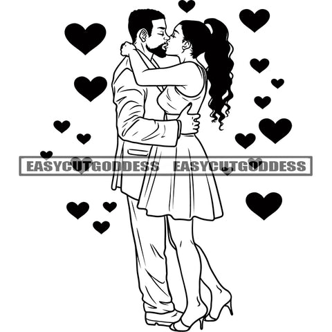 African American Couple Kiss Pose Hugging Each Other Afro Hairstyle Heart Symbol Dripping Couple Goals BW Artwork SVG JPG PNG Vector Clipart Cricut Silhouette Cut Cutting