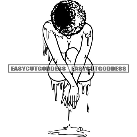 Black And White African Sexy Woman Undress Pose Hide Face Afro Short Hairstyle Sensual Woman Front View BW Design Element Color Dripping SVG JPG PNG Vector Clipart Cricut Silhouette Cut Cutting