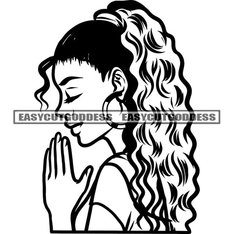 African American Woman Hard Praying Hand Smile Face Pose Design Element BW Side Face Afro Hairstyle Curly Long Hairstyle SVG JPG PNG Vector Clipart Cricut Silhouette Cut Cutting