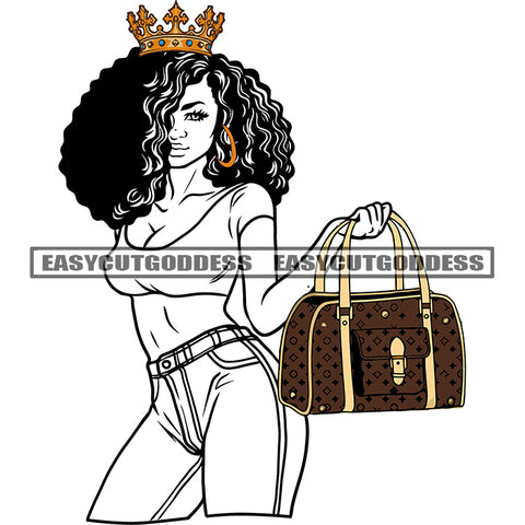 African American Woman Holding Bag Wearing Sexy Dress Crown On Head Curly Hairstyle Design Element Wearing Hoop Earing SVG JPG PNG Vector Clipart Cricut Silhouette Cut Cutting