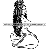 Plus Size Afro Woman Sitting Pose Wearing Sexy Dress Design Element Locus Hairstyle Black And White Artwork SVG JPG PNG Vector Clipart Cricut Silhouette Cut Cutting