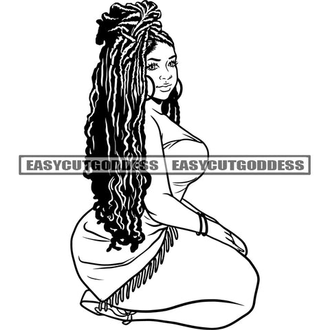 Plus Size Afro Woman Sitting Pose Wearing Sexy Dress Design Element Locus Hairstyle Black And White Artwork SVG JPG PNG Vector Clipart Cricut Silhouette Cut Cutting