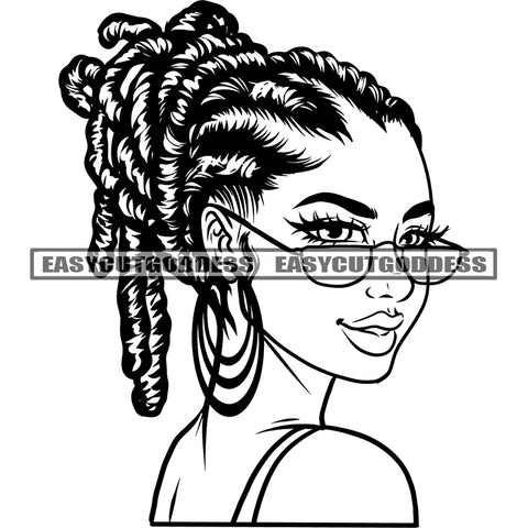 Afro Woman Wearing Sunglasses Smile Face Locus Hairstyle Black And White Artwork Wearing Hoop Earing BW Design Element SVG JPG PNG Vector Clipart Cricut Silhouette Cut Cutting