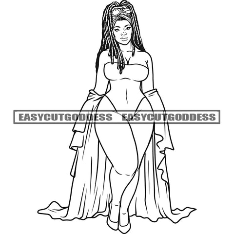 African American Plus Size Woman Standing Black And White Model Artwork Wearing Sexy Dress Locus Hairstyle Design Element SVG JPG PNG Vector Clipart Cricut Silhouette Cut Cutting