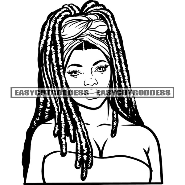 Afro Woman Locus Hairstyle Face Design Element Black And White African American Woman Artwork BW Cute And Smile Face Vector SVG JPG PNG Vector Clipart Cricut Silhouette Cut Cutting