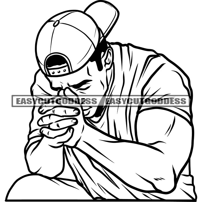 Afro Man Thinking Pose Depression Black And White Man Character Artwor ...