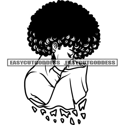 African American Woman Crying Pose Afro Hairstyle Black And White Artwork Woman Side Face Design Element Depression Face SVG JPG PNG Vector Clipart Cricut Silhouette Cut Cutting