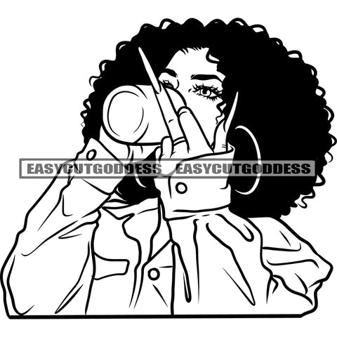 Afro Woman Showing Middle Finger Fuck Hand Sign Afro Hairstyle Design Element Holding Coffee Mug On Mouth BW Wearing Hoop Earing Long Nail SVG JPG PNG Vector Clipart Cricut Silhouette Cut Cutting