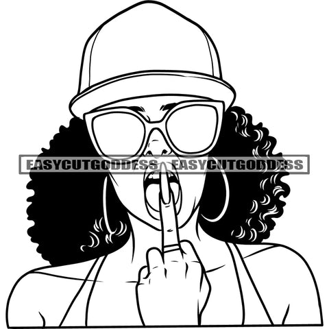 Afro Woman Showing Middle Finger African American Woman Wearing Cap And Hoop Earing Long Nail Black And White Artwork SVG JPG PNG Vector Clipart Cricut Silhouette Cut Cutting