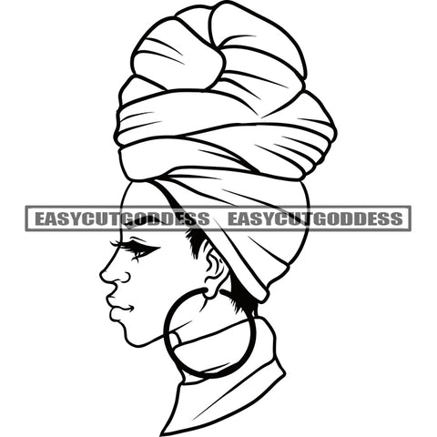 Afro Woman Headscarf With Hoop Earing African American Woman Side Face Artwork Design Element Vector SVG JPG PNG Vector Clipart Cricut Silhouette Cut Cutting