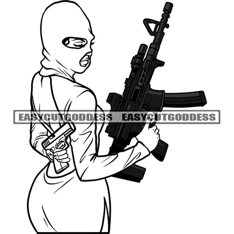 African American Gangster Woman Holding Gun Afro Woman Double Gun And Pistol On Hand Wearing Musk Hide Face Design Element Artwork SVG JPG PNG Vector Clipart Cricut Silhouette Cut Cutting