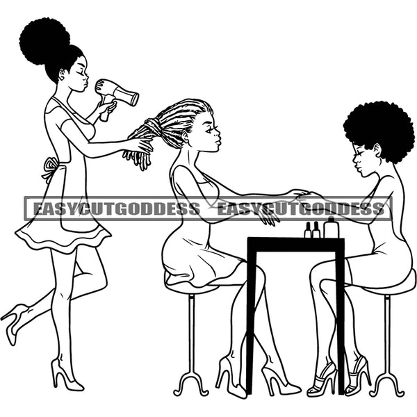 African American Woman On Parlour Beauty Salon With A Manicurist And Hairdresser Black And White Afro Hairstyle Design Element BW SVG JPG PNG Vector Clipart Cricut Silhouette Cut Cutting