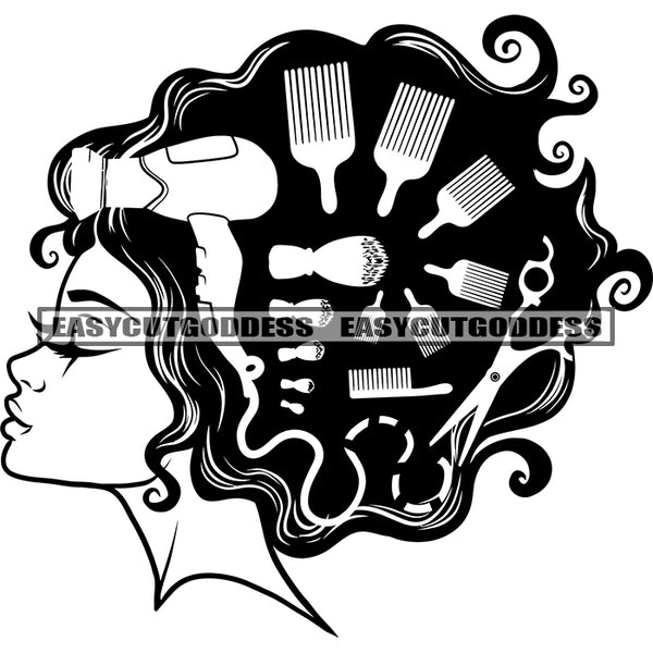 African American Woman Side Face Salon Model Woman Hairdresser Afro Woman Close Eyes Design Element BW Artwork SVG JPG PNG Vector Clipart Cricut Silhouette Cut Cutting