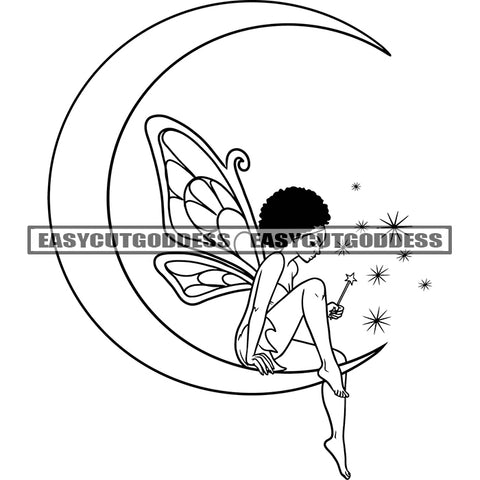 Angle Sitting On Moon Afro Angle Woman Character Wings Star Symbol Woman Smile Face Design Element Black And White Artwork BW African American Woman Afro Short Hairstyle SVG JPG PNG Vector Clipart Cricut Silhouette Cut Cutting