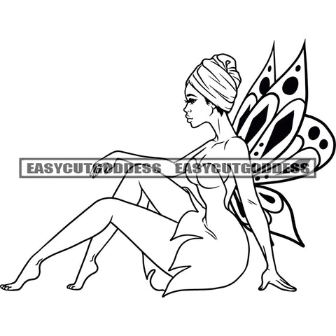 Woman Angle Character Sitting Pose Wearing Headscarf African American Woman Angle Wings Side Look Design Element BW Artwork SVG JPG PNG Vector Clipart Cricut Silhouette Cut Cutting