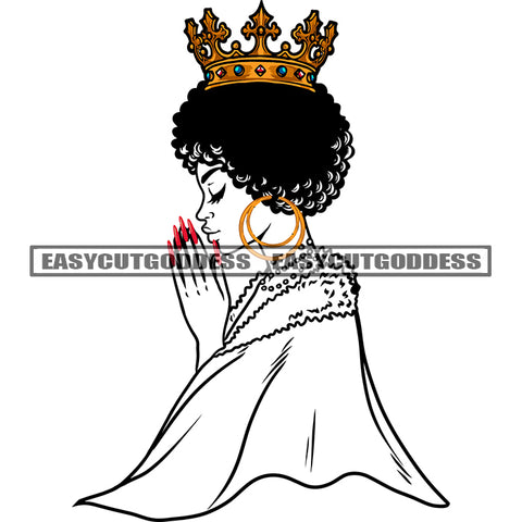 Hard Praying Hand African American Woman Close Eyes Wearing Hoop Earing Crown On Head Red Color Long Nail Design Element SVG JPG PNG Vector Clipart Cricut Silhouette Cut Cutting