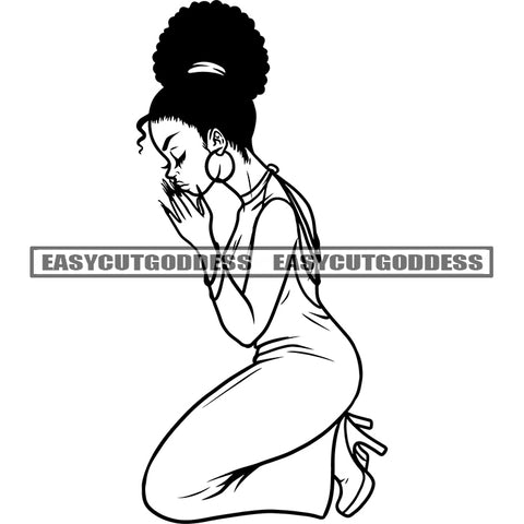 Afro Woman Sitting Hard Praying Hand Design Element Afro Hairstyle Long Nail Afro Hairstyle Black And White Artwork BW Long Nail SVG JPG PNG Vector Clipart Cricut Silhouette Cut Cutting