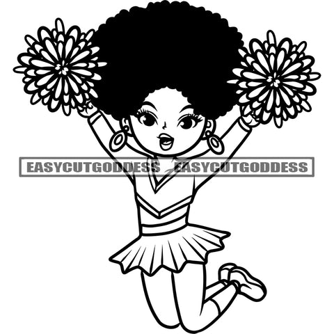 Afro Cheerleader Baby Girls Jumps Cute Kid Girl Ballerina Holding Flower Black And White Artwork Design Element  SVG JPG PNG Vector Clipart Cricut Silhouette Cut Cutting