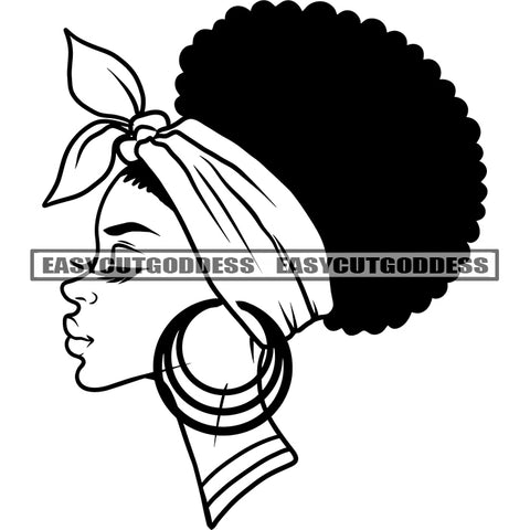 African American Woman Wearing Headscarf And Hoop Earing Gangster Afro Hairstyle Woman Side Face Artwork Design Element BW SVG JPG PNG Vector Clipart Cricut Silhouette Cut Cutting