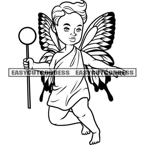 Fairy Wings Sketch Angle Baby Angle Smile Face Design Element Black And White Artwork Holding Magic Stick SVG JPG PNG Vector Clipart Cricut Silhouette Cut Cutting