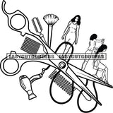 Self Service Paraphernalia Hairdresser Set With Accessories Black And White Artwork Design Element Afro Woman Standing SVG JPG PNG Vector Clipart Cricut Silhouette Cut Cutting