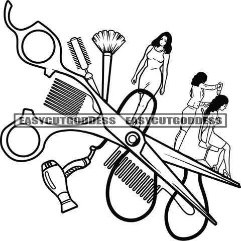 Self Service Paraphernalia Hairdresser Set With Accessories Black And White Artwork Design Element Afro Woman Standing SVG JPG PNG Vector Clipart Cricut Silhouette Cut Cutting