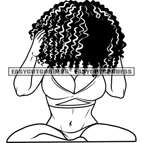 African Sexy Woman Holding Hair Afro Hairstyle African American Plus Size Woman Sitting Sexy Pose Design Element Black And White Artwork SVG JPG PNG Vector Clipart Cricut Silhouette Cut Cutting