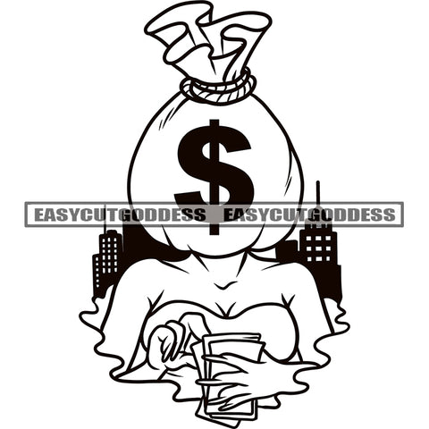 Funny Money Bag Head On Woman Character Black And White Artwork Design Element Woman Holding Money Note Long Nail SVG JPG PNG Vector Clipart Cricut Silhouette Cut Cutting