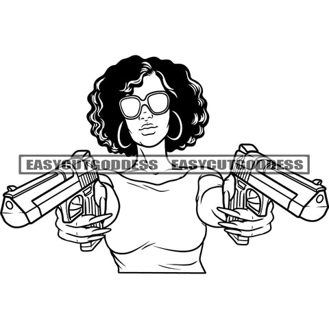 Gangster Woman Holding Gun Pistol Showing African American Woman Wearing Sunglass Hoop Earing Afro Hairstyle Design Element BW SVG JPG PNG Vector Clipart Cricut Silhouette Cut Cutting