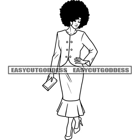 African American Woman Holding Hand Bag Standing Model Pose Afro Hairstyle Black And White Artwork Design Element SVG JPG PNG Vector Clipart Cricut Silhouette Cut Cutting