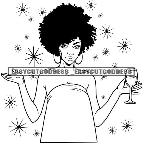 African American Woman Wearing Bath Towel And Holding Wine Glass Star Symbol Dripping Design Element Black And White Artwork SVG JPG PNG Vector Clipart Cricut Silhouette Cut Cutting