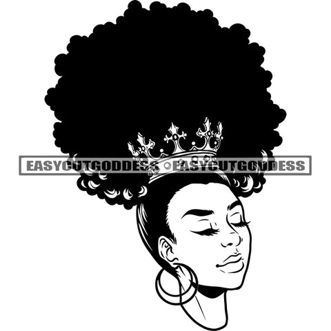 Black And White African American Woman Face Artwork Wearing Hoop Earing Close Eyes Crown On Head Vector BW SVG JPG PNG Vector Clipart Cricut Silhouette Cut Cutting