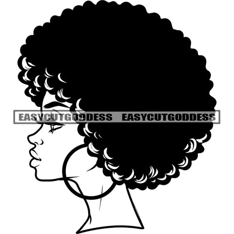 Black And White African American Woman Face Artwork Wearing Hoop Earing Close Eyes Side Face Design Vector BW SVG JPG PNG Vector Clipart Cricut Silhouette Cut Cutting