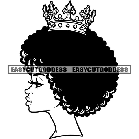 Crown On Head Black And White African American Woman Face Artwork Close Eyes Side Face Design Vector BW SVG JPG PNG Vector Clipart Cricut Silhouette Cut Cutting