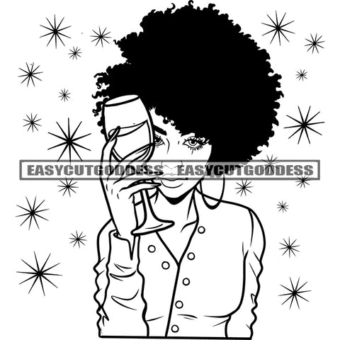 Afro Woman Holding Wine Glasses African American Woman Afro Hairstyle Long Nail Star Symbol Dripping Black And White Artwork SVG JPG PNG Vector Clipart Cricut Silhouette Cut Cutting