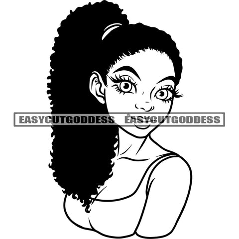 Black And White Artwork African Sexy Girls Side Pose Curly Hairstyle Design Element Big Eyes BW Sexy Body African American Girls SVG JPG PNG Vector Clipart Cricut Silhouette Cut Cutting