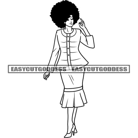 African American Woman Standing Model Pose Afro Hairstyle Black And White Artwork Wearing Business Coat Design Element SVG JPG PNG Vector Clipart Cricut Silhouette Cut Cutting