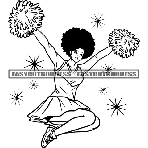 African American Cheerleader's Woman Jump Holding Win Celebration Flower Black And White Artwork Design Element SVG JPG PNG Vector Clipart Cricut Silhouette Cut Cutting