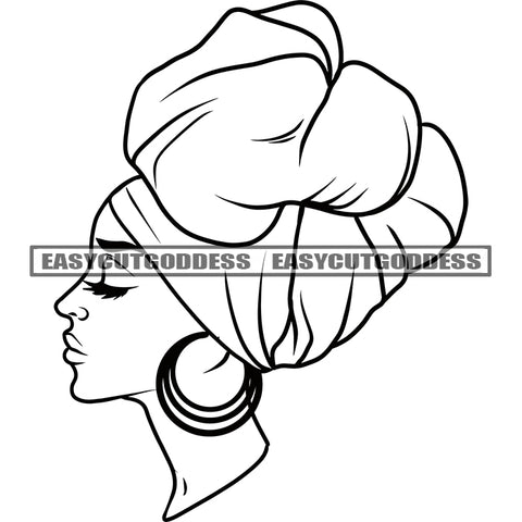 Afro Woman Wearing Bath Towel On Head Wearing Hoop Earing African American Woman Close Eyes Design Element BW SVG JPG PNG Vector Clipart Cricut Silhouette Cut Cutting