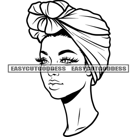 Woman Side Face Artwork Afro Woman Wearing Bath Towel On Head Earing African American Woman Close Eyes Design Element BW SVG JPG PNG Vector Clipart Cricut Silhouette Cut Cutting