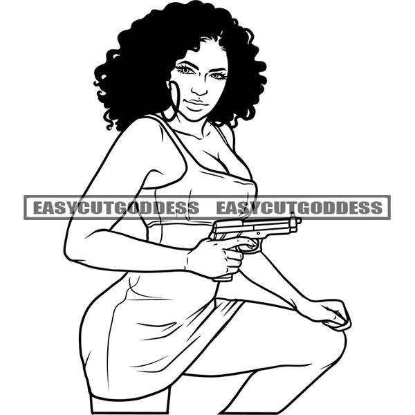 African American Gangster Woman Holding Gun Afro Hairstyle Wearing Hoop Earing Vector BW Artwork Angry Face Woman SVG JPG PNG Vector Clipart Cricut Silhouette Cut Cutting
