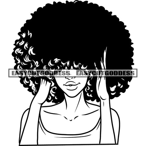 African American Woman Afro Hairstyle Hand On Head Design Element BW Afro Woman Face Sexy Pose BW SVG JPG PNG Vector Clipart Cricut Silhouette Cut Cutting