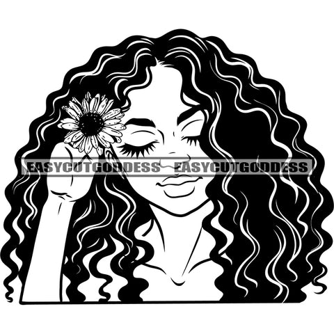 Afro Woman Sexy Pose Flower On Hair Afro Curly Long Hairstyle Design Element Close Eyes Black And White Artwork BW SVG JPG PNG Vector Clipart Cricut Silhouette Cut Cutting